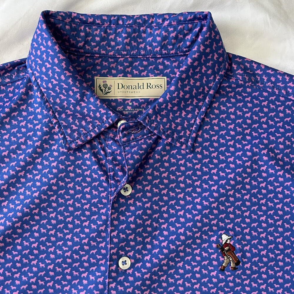 Donald Ross Blue & Pink Dog Print Golf Polo Men's Medium